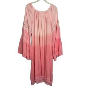Boho Daze Womens Shift Dress Size Large Pink Ombre Crochet Accent Bell Sleeves